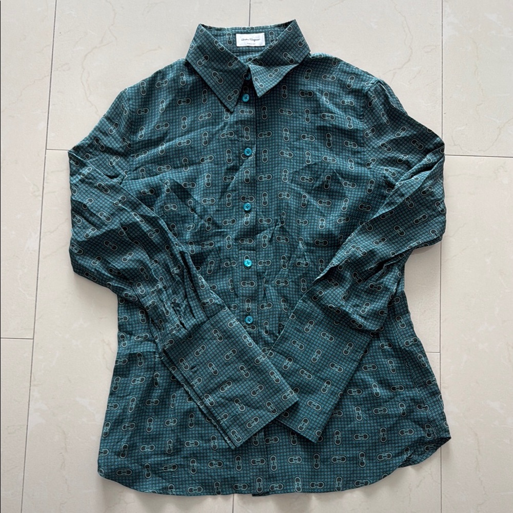 Authentic Ferragamo Turquoise Logo Silk Shirt Sz 40